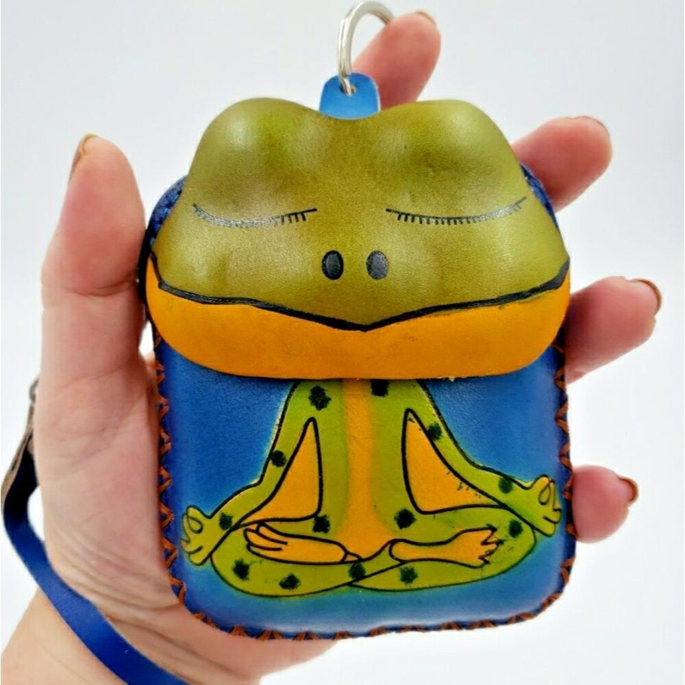 Cute Zen Frog Gift Leather Wristlet Wallet Handmade Coin Purse Keychain Yoga